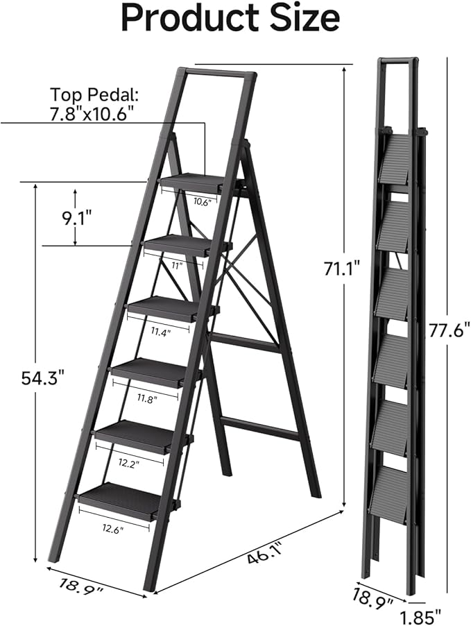 SOLADDER 6 Step Ladder with Handrails, Anti-Slip and Foldable Step Stool with Widen Pedals, Portable Stepladders for Home, Kitchen and Indoor, Space Saving -300lbs (Black)