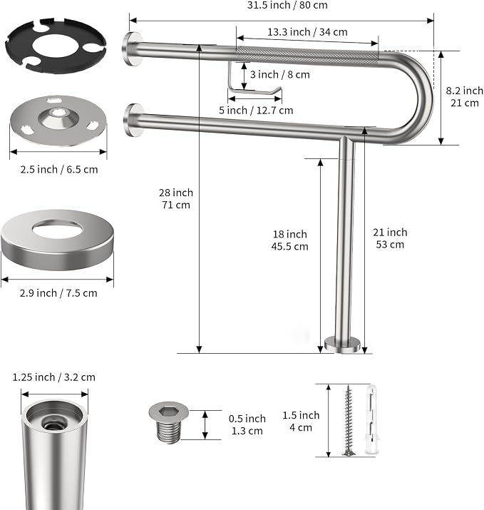 Toilet Grab Bar with Leg 31.5x28 Inch, ZUEXT Brushed Nickel Knurled Toilet Support Bar with Toilet Paper Holder,Stainless Steel Wall & Floor Mounted Bathroom Support Rail for Elderly Disabled Pregnant