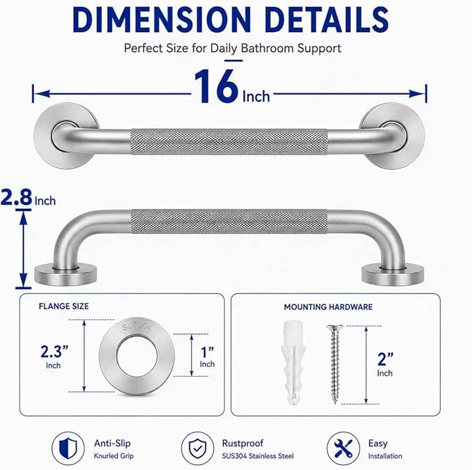 16 Inch Grab Bars for Shower, Brushed Nickel Anti Slip Grab Bar for Bathtubs Showers Toilet, Stainless Steel Safety Shower Grab Bar,Wall Mounted Shower Handle Handicap Bars for Senior Elderly