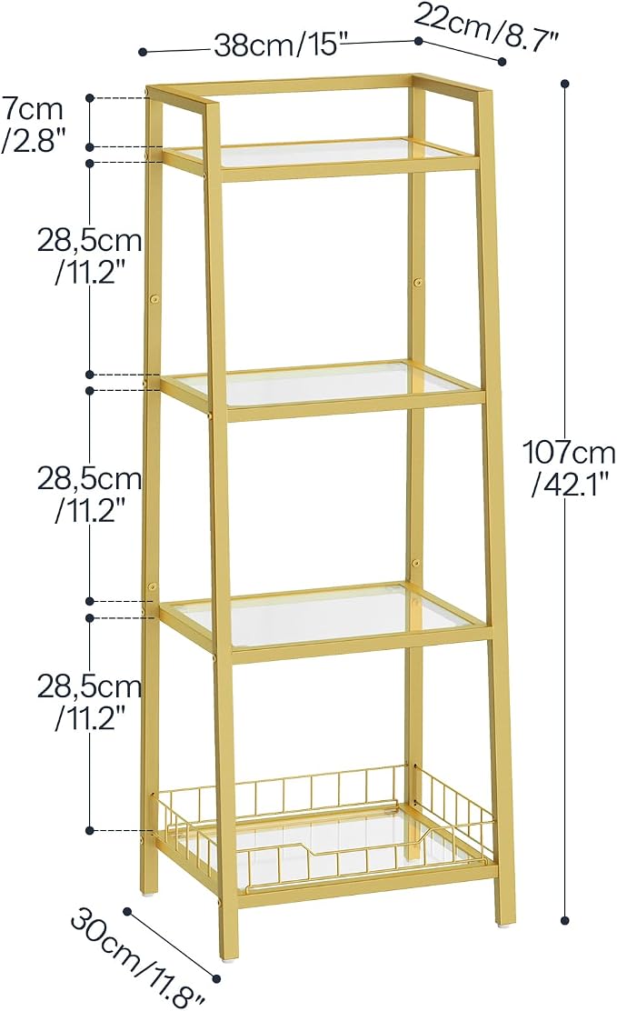 HOOBRO Gold Glass Shelf Stand, 4 Tier Standing Shelf Unit, Bathroom Organizer and Storage, Floor Storage Shelves Waterproof, for Bathroom, Laundry, Toilet, Tempered Glass, Gold GD79CJ01