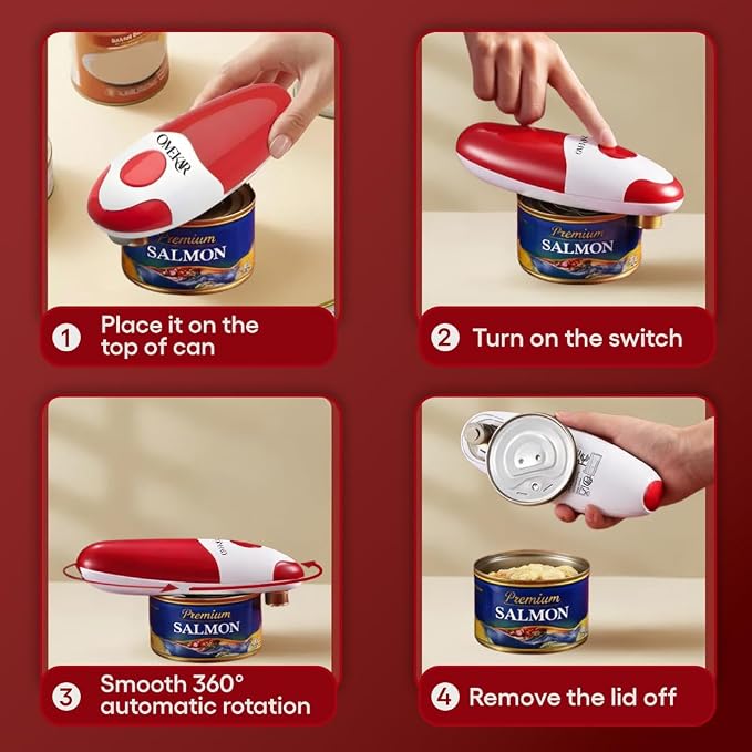 Electric Can Opener, One-Touch Automatic Smooth Edge Can Opener for All Can Sizes, Battery Operated Hands-Free Kitchen Gadget for Seniors with Arthritis (Red)
