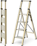 WOA WOA 4 Step Ladder, Ladders for Home, Anti-Slip Pedals, Aluminum Step Stool Foldable, Lightweight to Move, Ease of Storage, Reach 9ft for Closet Kitchen Library, Hold 300lbs - Gold