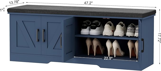 HOMSHO 2-Tier Storage Bench, 47.2" Wide Shoe Bench with Padded Seat Cushion, Entryway Bench with 4 Barn Doors and Adjustable Shelf, Blue