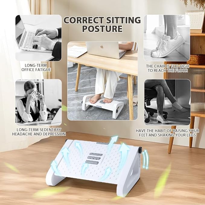 CasaZenith Foot Rest, Six Heights Adjustable Foot Rest for Under Desk at Work, Ergonomic Foots Stool for Under Office Desks, Under Desk Footrest with Foot Massage Roller, Chair Footrest - White