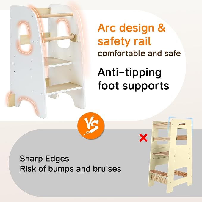 Ezebaby Toddler Standing Tower, 3-Adjustable Height Toddler Kitchen Step Stool, Kids Helper Stool for Learning New Skills-White