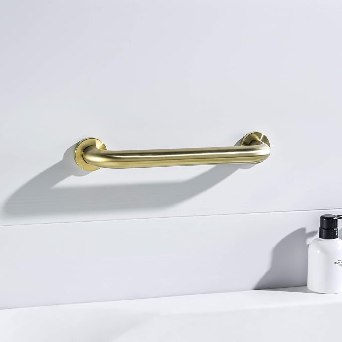 KIBI 12 Inch Stainless Steel Bathroom Safety Grab Bar | Curved Shaped Grab Bar for Bathtubs and Showers, Shower Safety Grab Bars for Seniors, Wall Mounted Anti-Slip Support (Brushed Gold, KGB1012)
