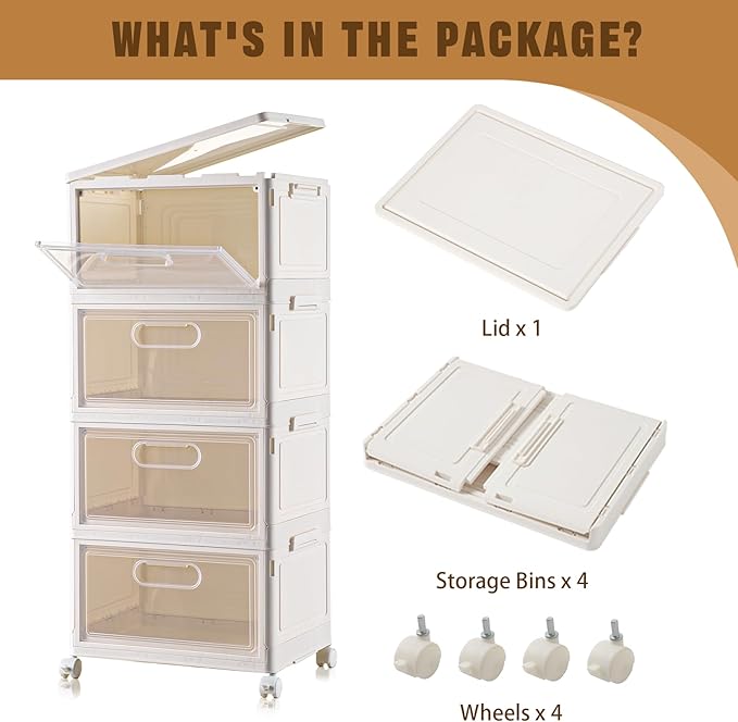 Freebat 4-Tier Stackable Storage Bins with Lid, 23QT Storage Containers,Clear Foldable Plastic Drawer Storage on Wheels,Closet Organizers and Storage for Living Room,Bedroom,Office,Dorm