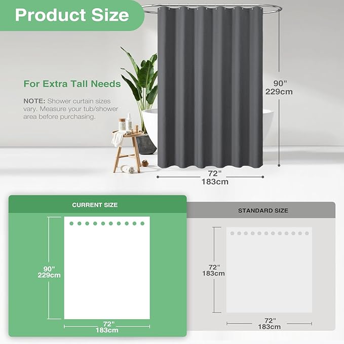 Dynamene Extra Long Fabric Shower Curtain - Waffle Weave 90 Inches Long Heavy Duty Cloth Shower Curtains for Bathroom, 256GSM Tall Hotel Luxury Bath Curtain Set with 12 Plastic Hooks, Charcoal Grey