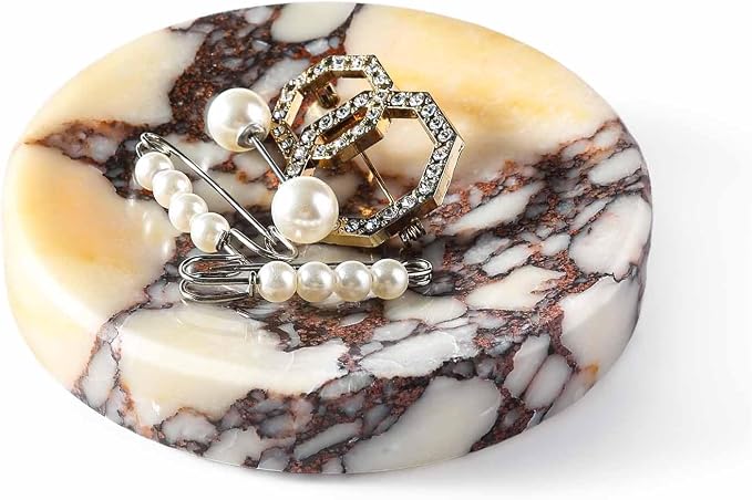 Koville Marble Jewelry Dish, Small Round Trinket Dish for Ring Necklace Earring, 4" Decorative Dish, Natural Stone Soap Dish for Bathroom Kitchen