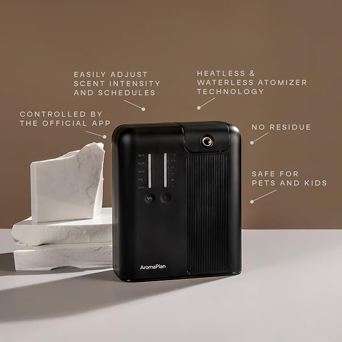 AromaPlan 5 Star Collection Cold Air Scent Diffuser, Whole House (Includes 2 Fragrances & 12 Set Sample kit) - Smart Scent Diffuser, HVAC System- Touch & App, 2000 Sq. Ft Cov. (Black)