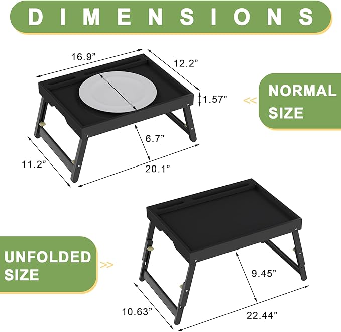 Artmeer Bed Tray Table with Folding Legs, Bamboo Breakfast Food Tray with Media Slot, Use As Platter, Laptop Desk, Snack, TV Tray Kitchen Serving Tray (Black Large Adjustable Legs)
