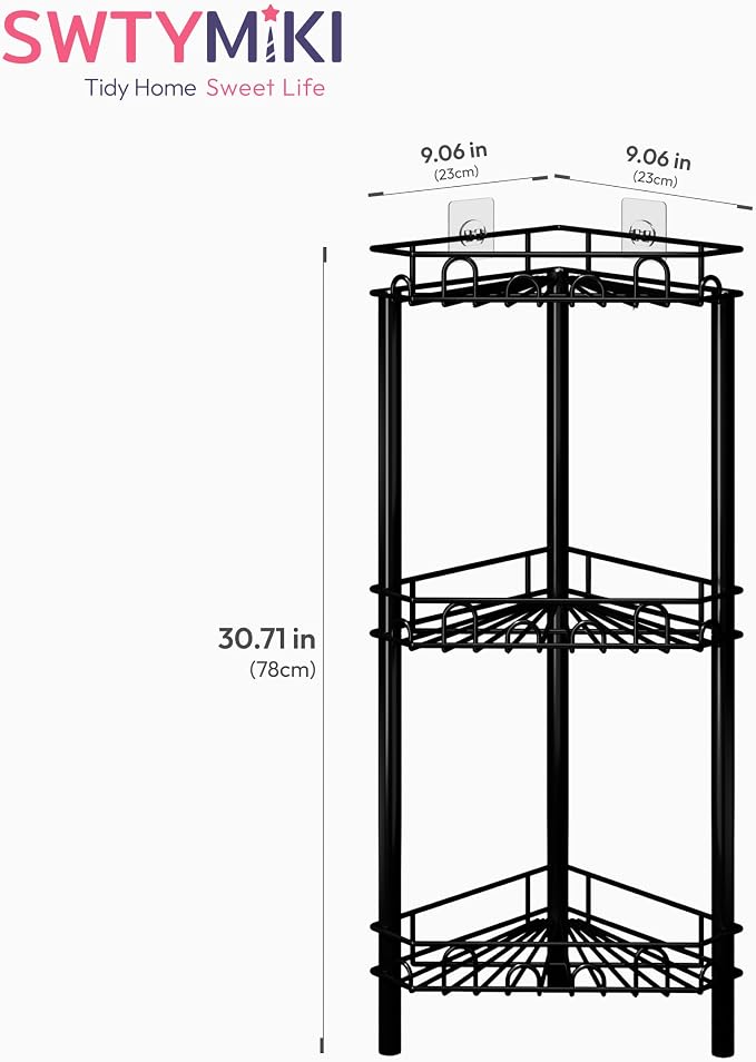 SWTYMIKI Standing Shower Caddy Corner - 3‑Tier Stainless Steel Shower Organizer Shelf with 12 Hooks and Adhesive Pads, Rustproof Corner Shelves Stand Rack for Bathroom Shower Room, Black