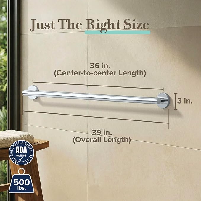 Gatco 966 Glam 36" Grab Bar, Chrome/ADA Compliant Safety Stainless Steel Grab Bar for Bathroom