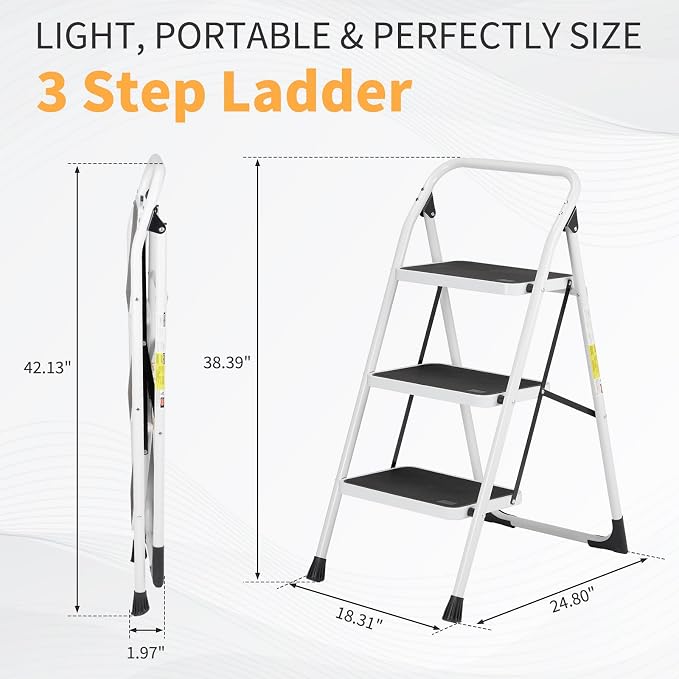 Winado 3 Step Ladder, Folding Step Stool with Wide Anti-Slip Pedal, Lightweight Convenient Handgrip Sturdy Steel Ladder, Portable Steel Step Stool 330 LB Capacity