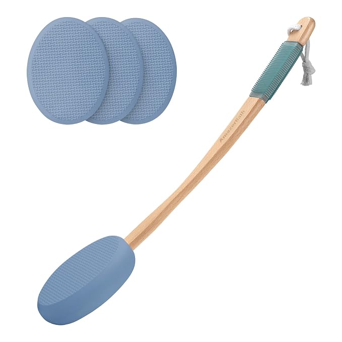 AmazerBath Lotion Applicator for Back, Feet, 4 Replacement Pads with 17" Curved Handle, Back Sunscreen Applicator for Kids, Elderly, Women, Apply Skin Cream Medicine Moisturizer Tanner, Slate Blue