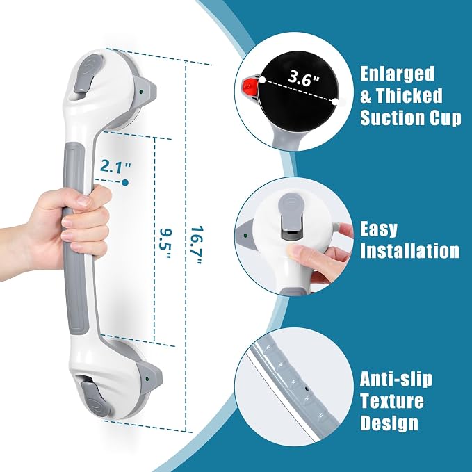 MCDEX Grab Bars for Shower, 2 Pack Shower Handle for Elderly (Gray White) | Safety Signal Indicators, Strong Suction Cup, Easy Installation, No Drill, Removable, Anti-Slip, Waterproof