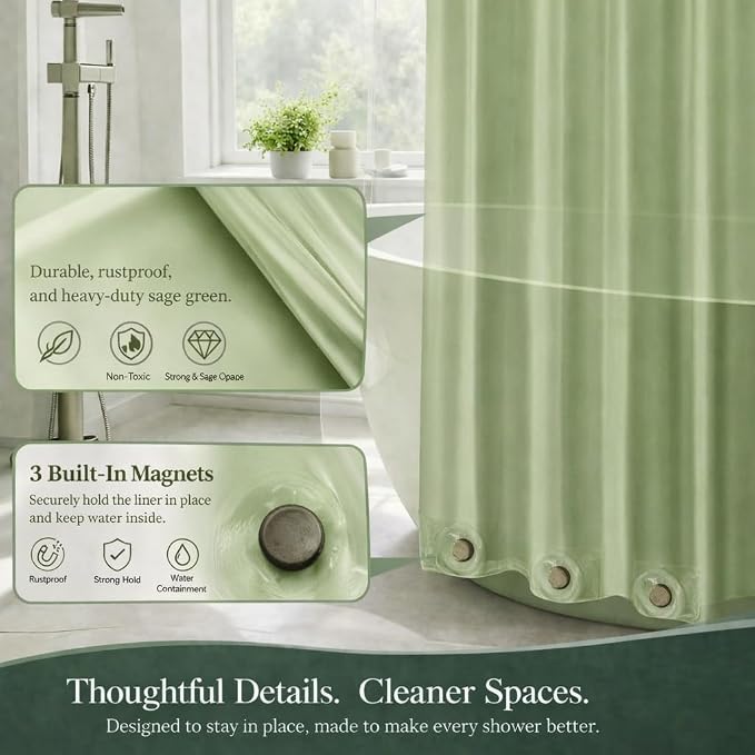 EHZNZIE Sage Shower Curtain Liner 72x72, PEVA Waterproof Bath Curtain, No Chemical Smell, 3 Weighted Magnets, Durable with Rustproof Metal Grommets