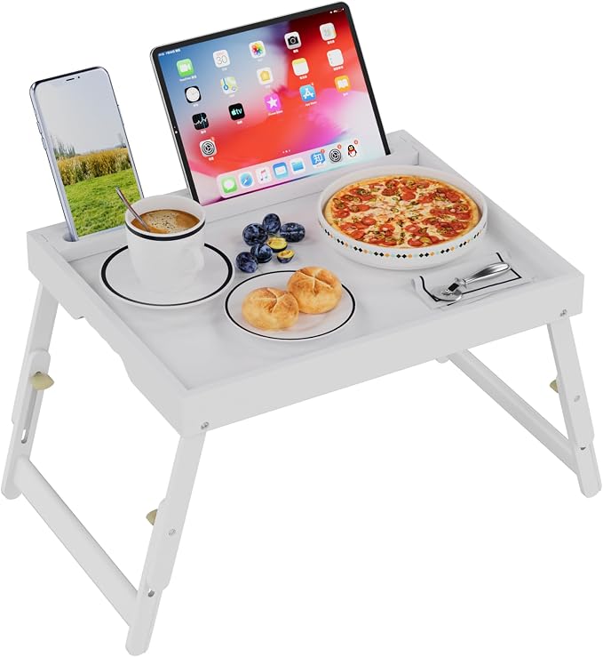 Artmeer Bed Tray Table with Folding Legs, Bamboo Breakfast Food Tray with Media Slot, Use As Platter, Laptop Desk, Snack, TV Tray Kitchen Serving Tray (White Large Adjustable Legs)