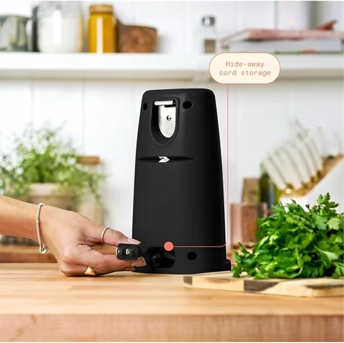 Bayfalcon LLC Electric Can Opener with One-Touch Operation, Smooth Rotation, Built-In Lid Magnet, Compact Countertop Design, Easy-Prep Kitchen Tool in White and Gold Finish (Black Sesame)