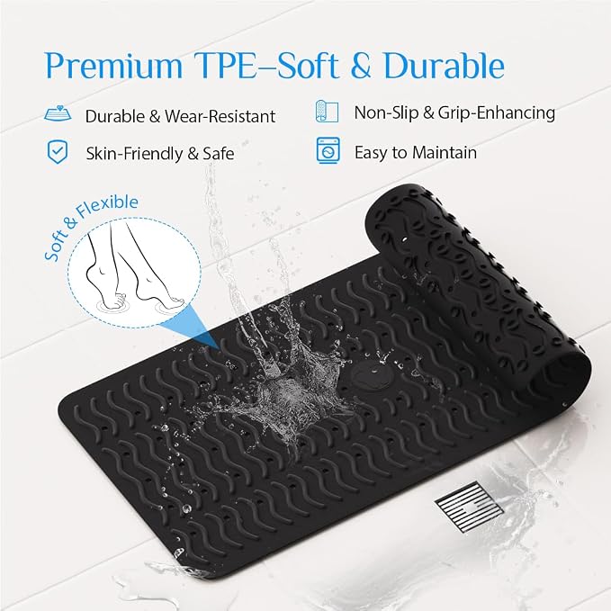 Non Slip Bathtub Mat & Shower Mat, 31x15'' Anti Slip Bath Mat for Tub, Soft TPE Anti-Skid Bathroom Mat with 194 Suction Cups & Drain Holes, Wave-Textured Grip, Machine Washable, Black