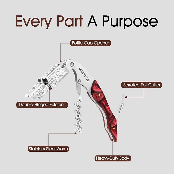 GOBETTER Wine Opener, Professional Corkscrews for Wine Bottles Cap Remover, Manual Wine Key for Home Use, Servers, Waiters Bartenders and Wine Lovers, Burgundy Resin