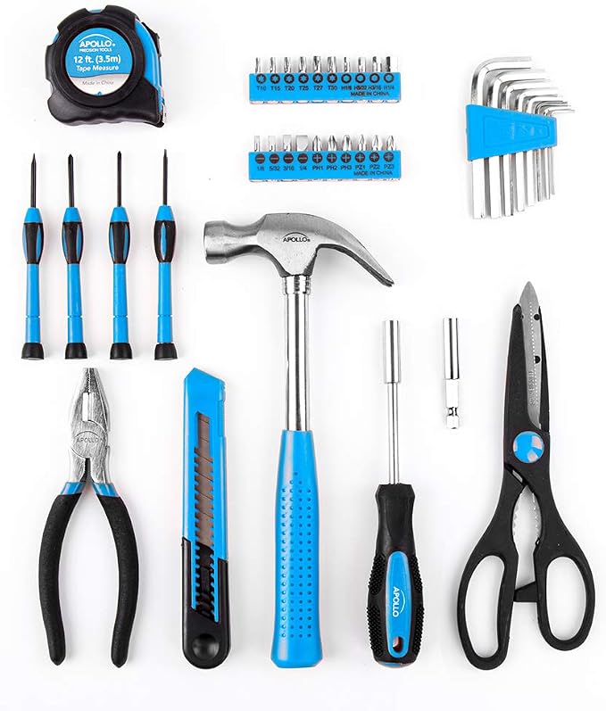 Apollo Tools Original 39 Piece General Household Tool Set in Toolbox Storage Case with Essential Hand Tools for Everyday Home Repairs, DIY and Crafts. Blue - DT9706 BL