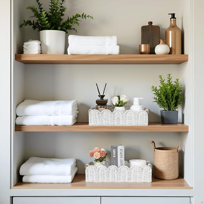 CubesLand Toilet Paper Storage Basket, Scalloped Edge Shelves Basket for Organizing for Over Toilet Tank Storage, Home Decor Baskets for Shelf, Countertop, Living Room, Bedroom, Handwoven, White