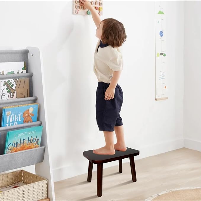 BEE&OAK 13.4 Inch Heavy Duty Wooden Step Stools for Adults - Non Slip, 300 LBS Capacity, Easy Assembly - Ideal Step Stool for High Beds, Kitchen, Bathroom, Office, Garden (Dark-Walnut)