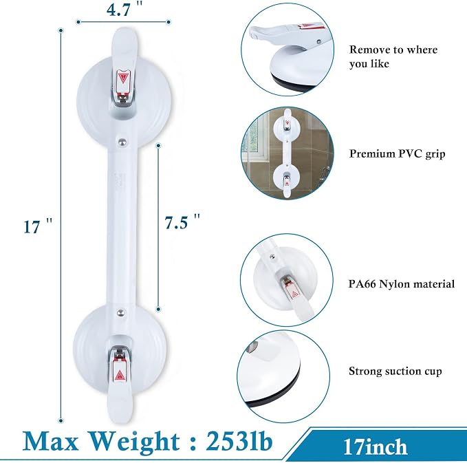 17inch Suction Shower Grab Bar, Portable Shower Handle Bar Suction Grip Bar Bathtub Handle with Strong Hold Suction Cup Fitting and Rapid Release for Bathroom(Max Capacity :253lb