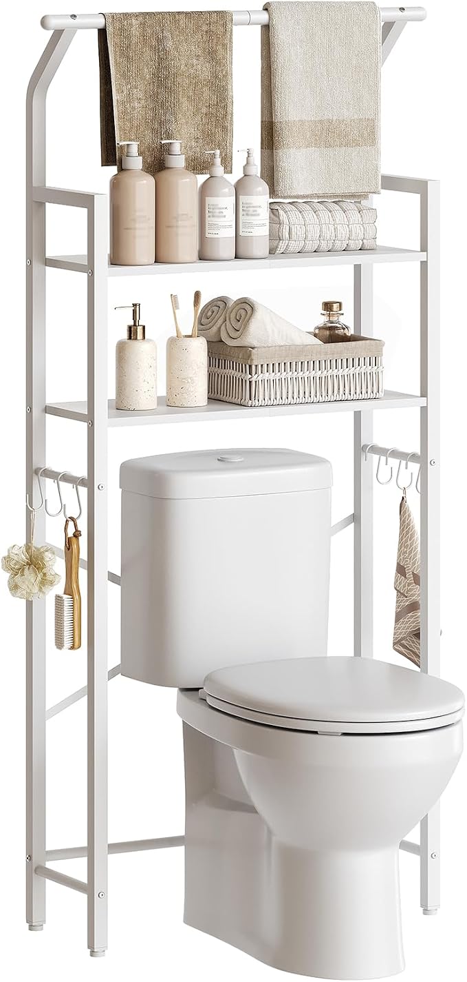 YATINEY 2-Tier Over The Toilet Storage, Multifunctional Vertical Over Toilet Bathroom Organizer, Freestanding Bathroom Storage Shelves with Hooks, Bathroom Organizer, Rustic Brown and Black TR01WT
