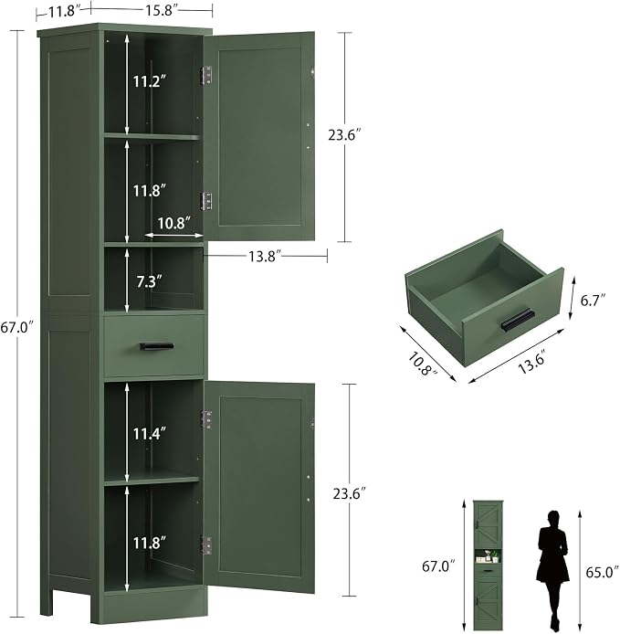 TEENFON 67" H Tall Bathroom Storage Cabinet with Barn Doors and Drawer, Narrow Bathroom Cabinet, Narrow Storage Unit, Adjustable Shelves, Floor Cabinets for Living Room, Forest Green