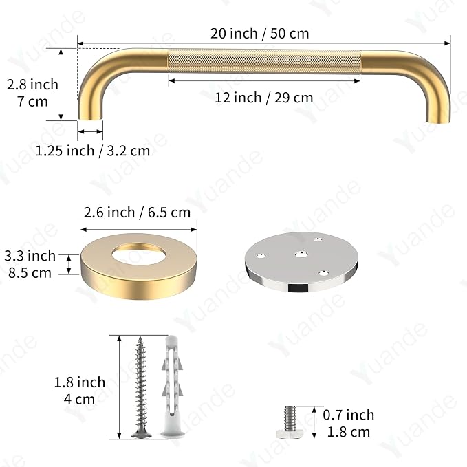 20 Inch 1 Pack Brushed Gold Shower Grab Bar with Anti-Slip Knurled Grip,YuanDe Stainless Steel Bathroom Grab Bars