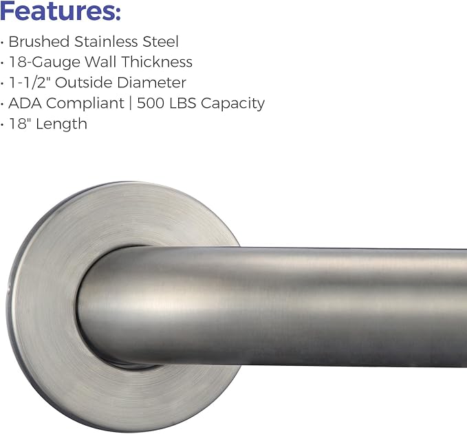 Stardrix 18-Inch ADA Compliant Grab Bar, 1.5" Diameter, Concealed Mounting Flanges, Handicap Friendly, Commercial & Residential Bathrooms, Brushed Stainless Steel