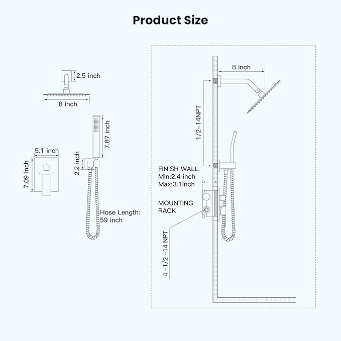 gotonovo Rainfall Bathroom Shower System Rain Shower Head and Handle Set Wall Mounted Shower Complete Combo Solid Brass Pressure Balancing Shower Mixer Valve 8 Inch Polished Chrome