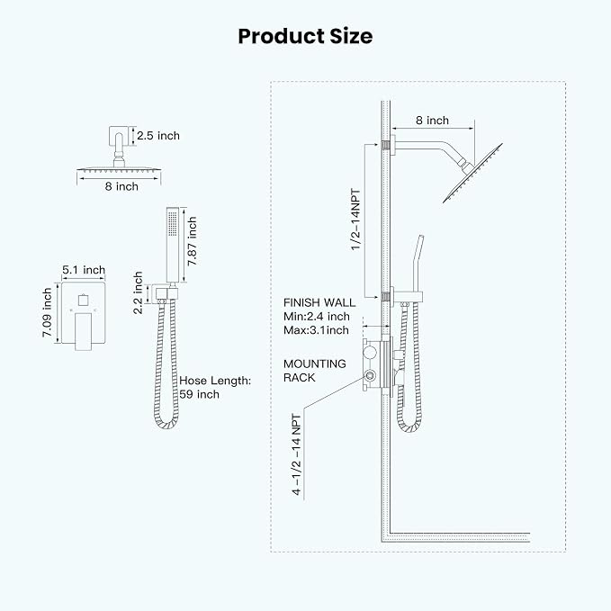 gotonovo Rainfall Bathroom Shower System Rain Shower Head and Handle Set Wall Mounted Shower Complete Combo Solid Brass Pressure Balancing Shower Mixer Valve 8 Inch Oil Rubbed Bronze