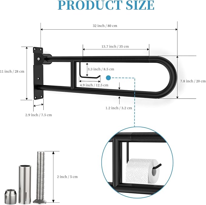 Toilet Grab Bar 32 Inch Black, Munzong Anti-Slip Handicap Grab Bars with Paper Holder, Flip-Up Bathroom Safety Rails, Stainless Steel Knurled Support handrails for Seniors Elderly Disabled Pregnant