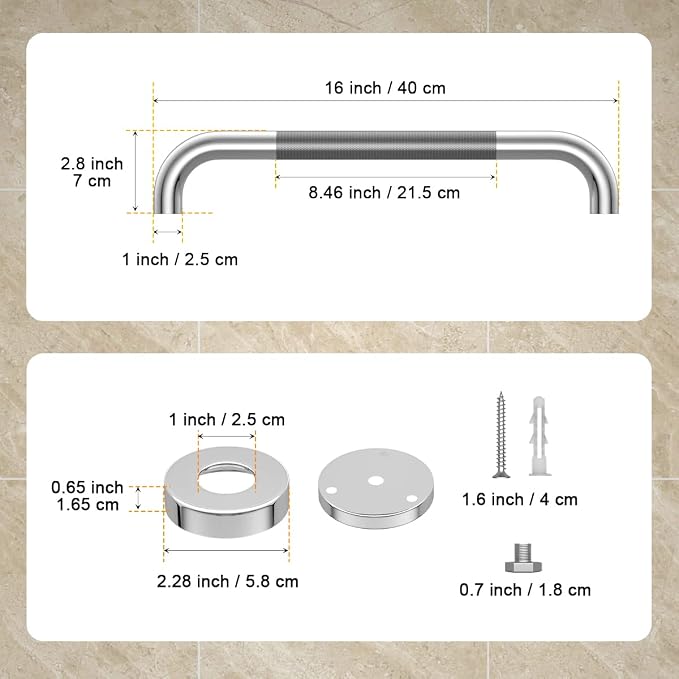 Anti Slip Shower Grab Bar 16 Inch, YuanDe Chrome Finish Stainless Steel Bath Grab Bar, Knurled Bathroom Safety Rail, Shower Handrail Support, Handicap Elderly Injury Senior Balance Assist Handles