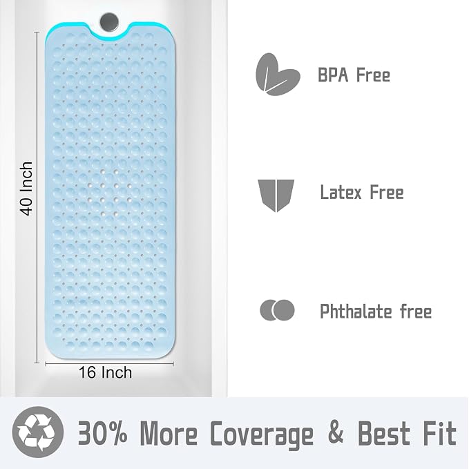 Yimobra Non Slip Bathtub Mat 40 x 16 Inch, Extra Long Shower Mat with Drain Holes, Machine Washable Baby Bath Mats, Strong Suction Cups for Bathroom Floor, Blue