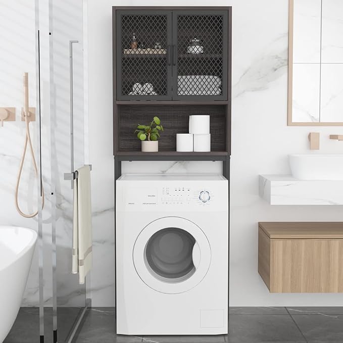 Launica Over the Toilet Storage Cabinet, Over Toilet Bathroom Organizer with Mesh Doors and Shelves, Freestanding Bathroom Storage Cabinet Above Toilet, Wood and Metal, Dark Gray Oak