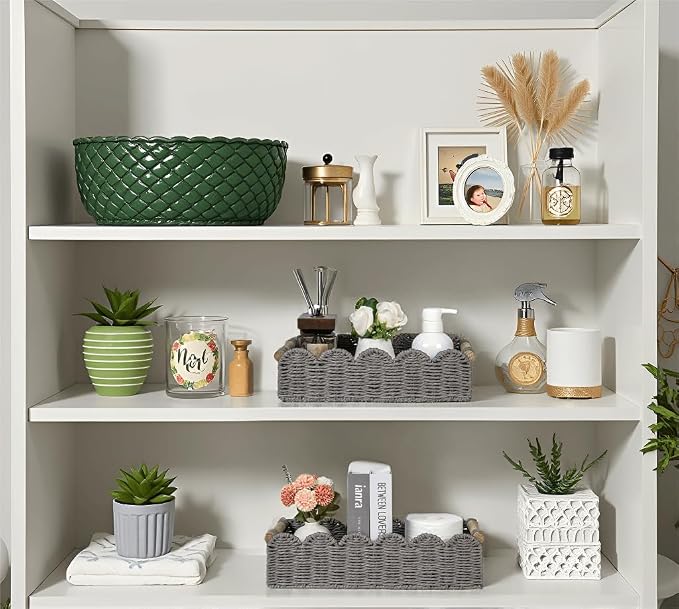 CubesLand Toilet Paper Storage Basket, Scalloped Edge Shelves Basket for Organizing for Over Toilet Tank Storage, Home Decor Baskets for Shelf, Countertop, Living Room, Bedroom, Handwoven, Grey