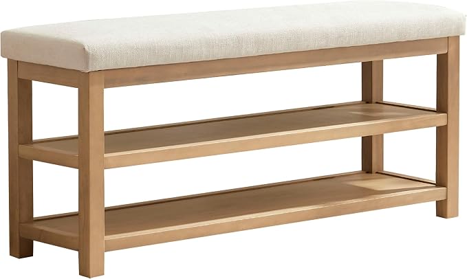 Zihanhome 2 Tier Shoe Rack Bench with Cushion, Solid Wood Shoe Benches, Mid-Century Modern Shoe Storage Bench for Entryway, Hallway, Living Room, Closet, Front Door Entrance, (Beige, 39.4")