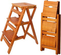 3-Step Ladder Stool, Wooden Folding Step Stool for Home & Kitchen, Solid Pine with Non-Slip Steps & Anti-Scratch Shoe Covers, 337lb Weight Capacity, Space-Saving, No Assembly Required (Brown)