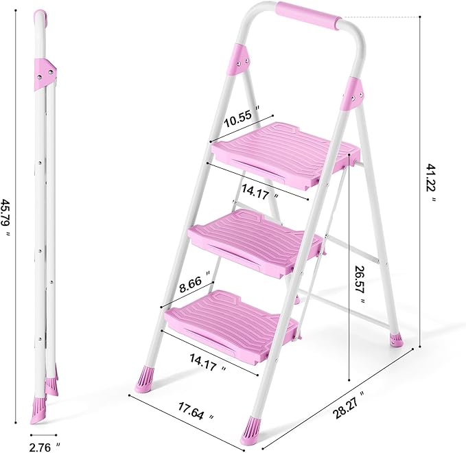 KINGRACK 3 Step Ladder, Sturdy Step Stool with Handrail, Anti-Slip Wide Pedals, 900lbs Foldable Step Stool for Home, Garage, Garden, Household, Large Loading Capacity, Pink