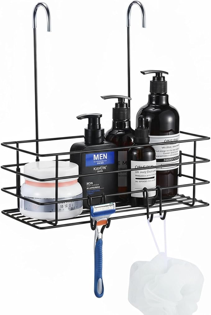 Shower Caddy Hanging Shower Orangizer Stainless Steel Shower Rack with Hooks Over The Door, Shampoo Basket Storage (Black)