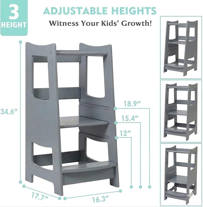 EGREE Modern Gray Wooden Toddler Kitchen Tower Step Stool- 3 Heights Adjustable Montessori Learning Tower Step Up Stool with Safety Rails - Kids Kitchen Helper Stand for Cooking & Bathroom