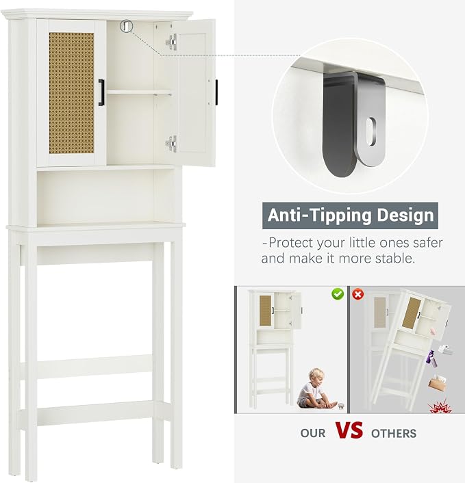 Over The Toilet Storage Cabinet, Over Toilet Storage Cabinet with Rattan Door and Anti-Tip, Above the Toilet Storage for Bathroom Behind the Toilet Bathroom Organizer, Rattan