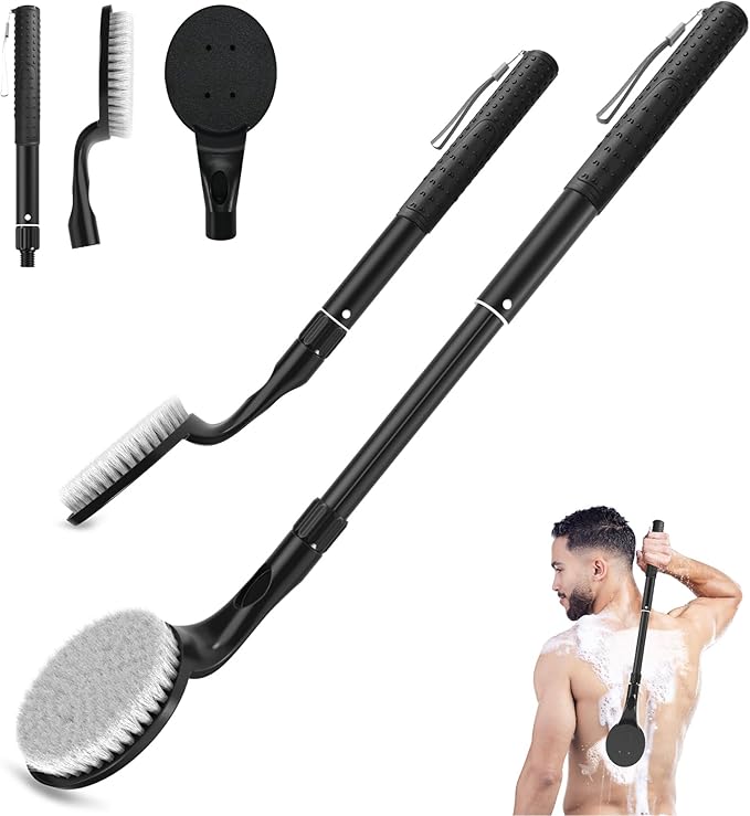 Back Scrubber for Shower, 17.52" - 25.7” Telescopic Back Washer for Shower with Anti-Slip Long Handle, Soft Nylon Bristles, Detachable Back Brush for Shower for Men Women Elderly