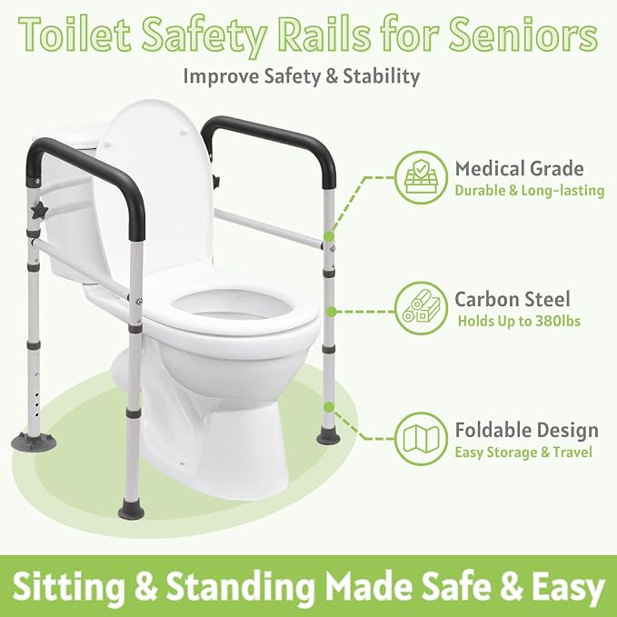 Toilet Safety Rails for Seniors - Adjustable & Foldable Medical Toilet Safety Frame - Heavy Duty Stand Alone Toilet Handles Support for Elderly Disabled & Handicap - Fits Most Toilets (380 lb)