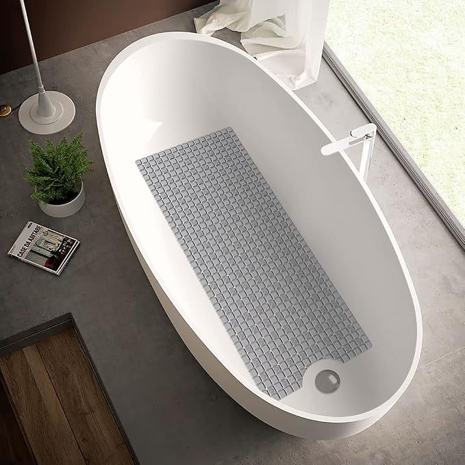 DEXI Bathtub Mat Non Slip, Extra Long 39x16, Suction Cups, Drain Holes, Machine Washable for Tub Shower Floor, Clear Grey