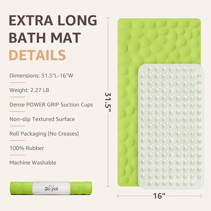Bligli Bath Tub Shower Mat, 16x31.5 Inch Standard Non-Slip Bathtub Mats with Strong Suction Cups, Soft Rubber Anti-Slip Bathroom Floor Mat, Machine Washable, Comfort on Feet, 100% BPA Free (Green)